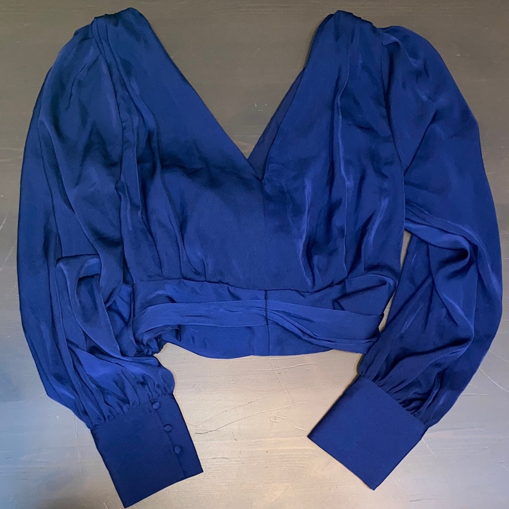 Banana Republic Cross Front Blue Cropped Blouse Size 8 - Picture 3 of 7